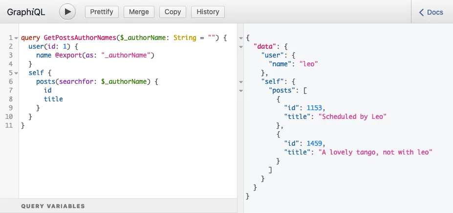 Menjalankan query pertama dengan @export