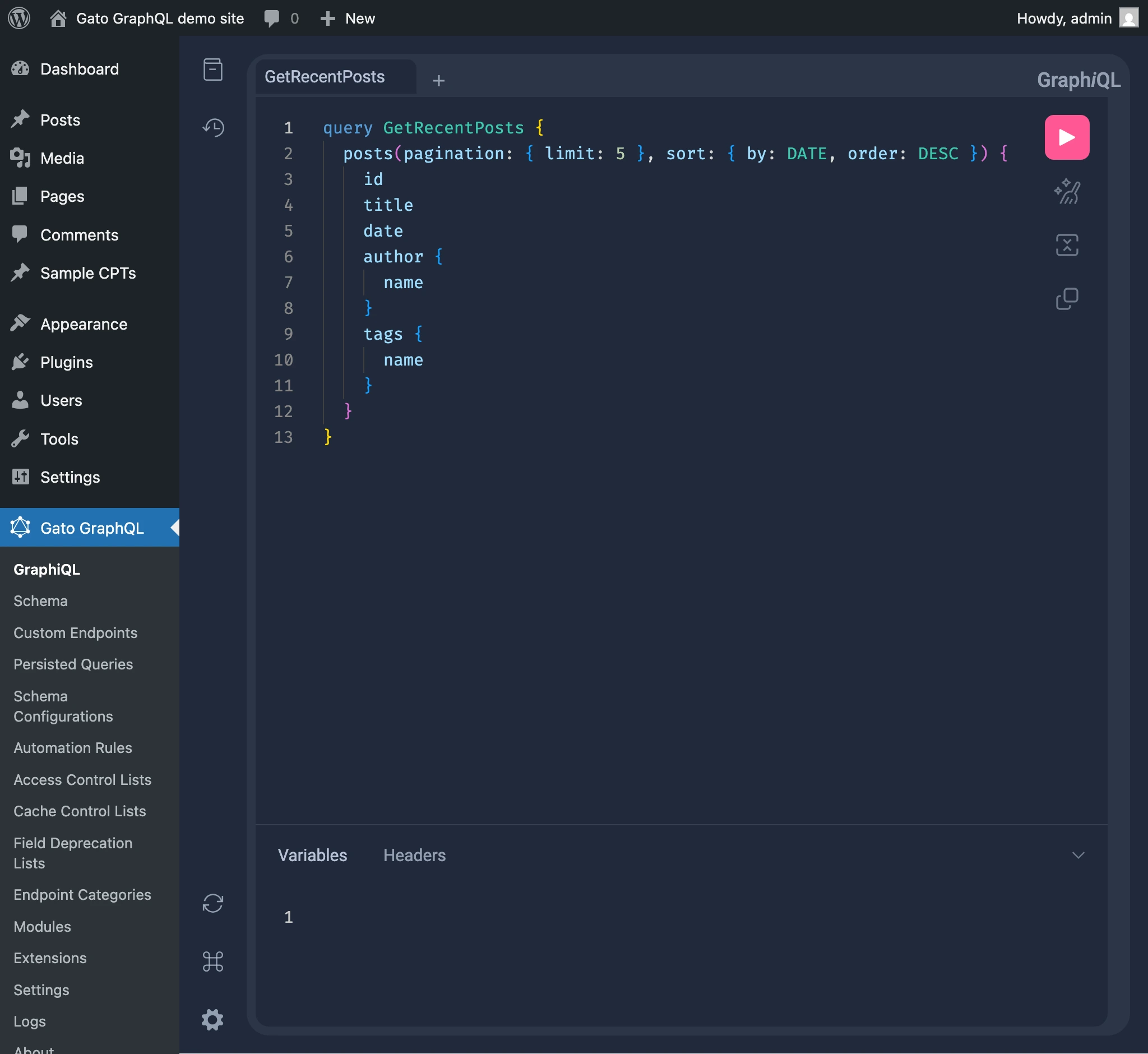 Klien GraphiQL di dalam wp-admin