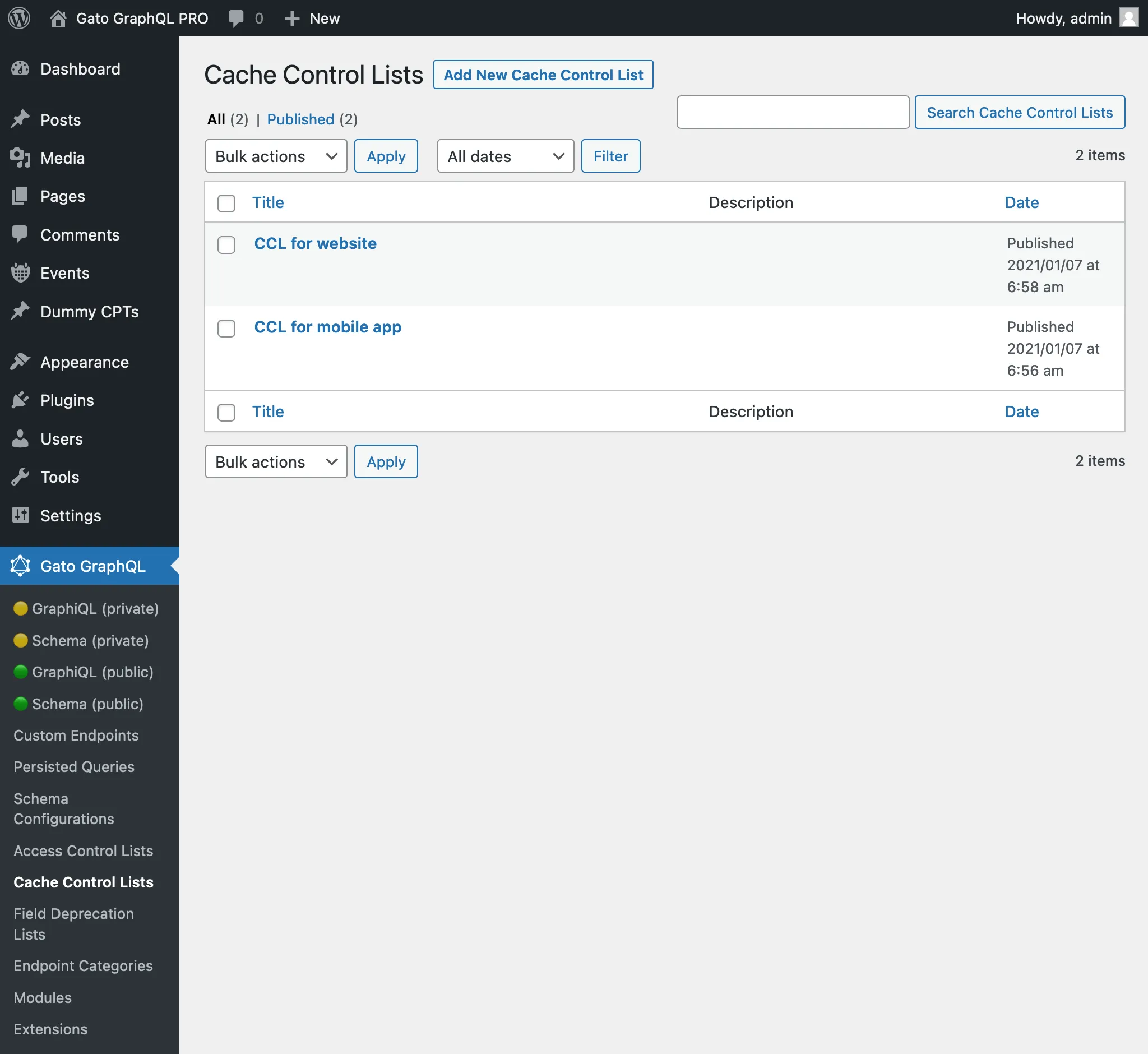 Daftar kontrol cache di admin