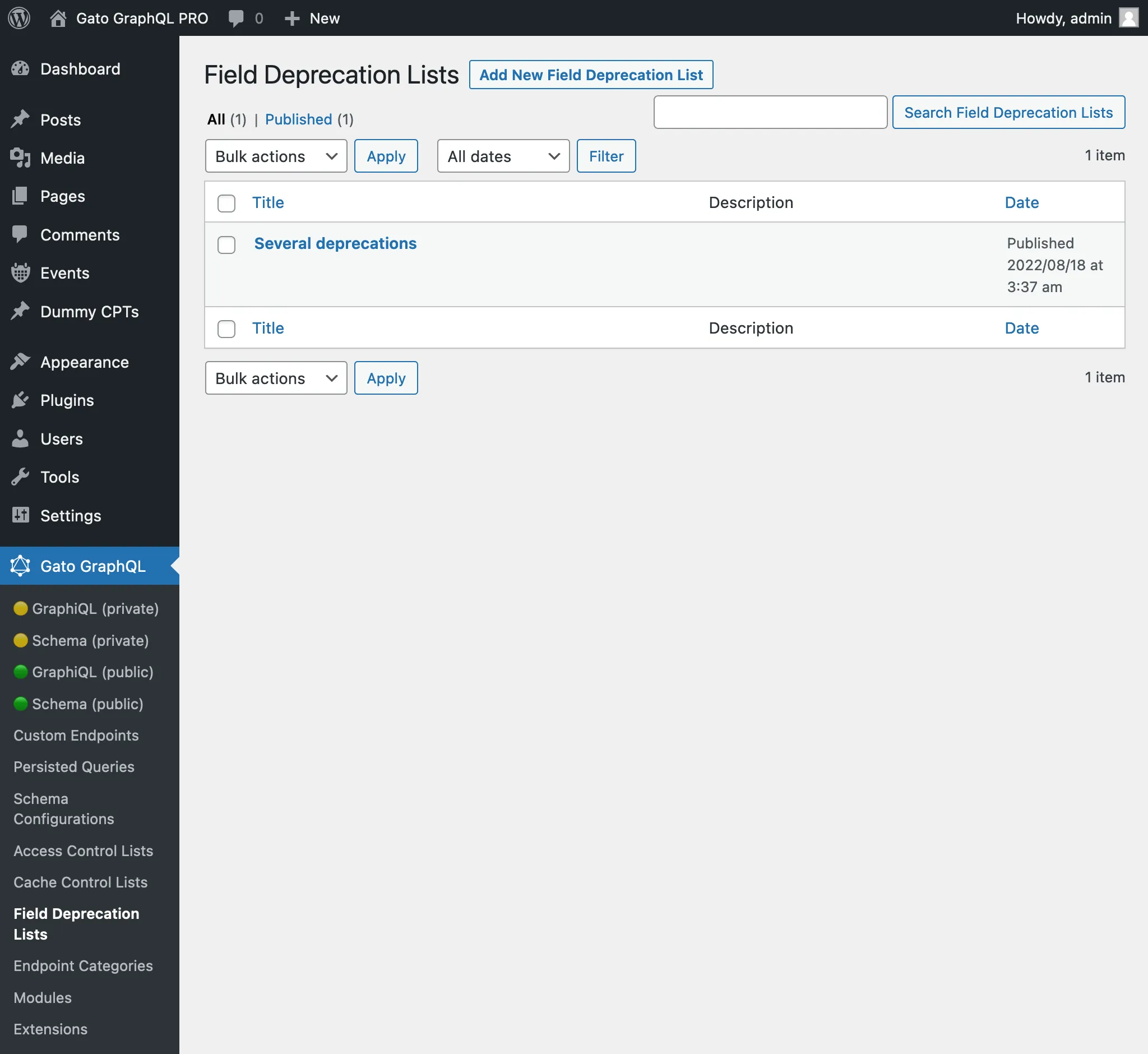 Field Deprecation Lists di admin