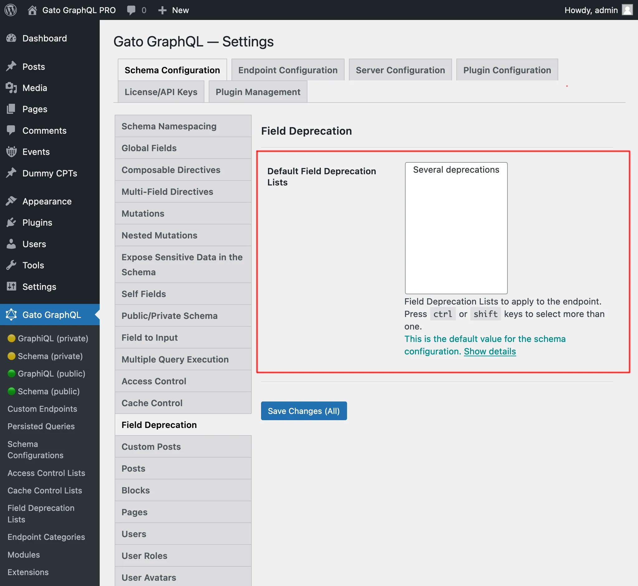 Memilih Field Deprecation Lists default di halaman Settings Memilih Field Deprecation Lists default di halaman Settings