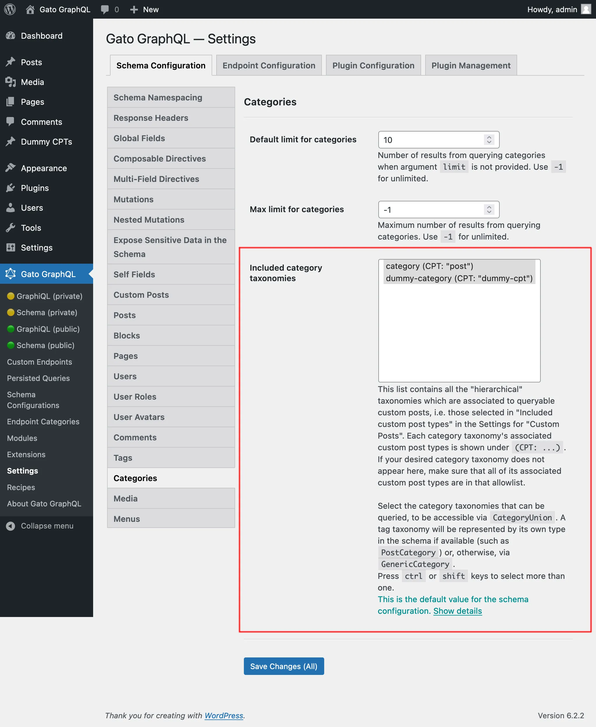 Memilih taksonomi kategori yang diizinkan dalam Settings