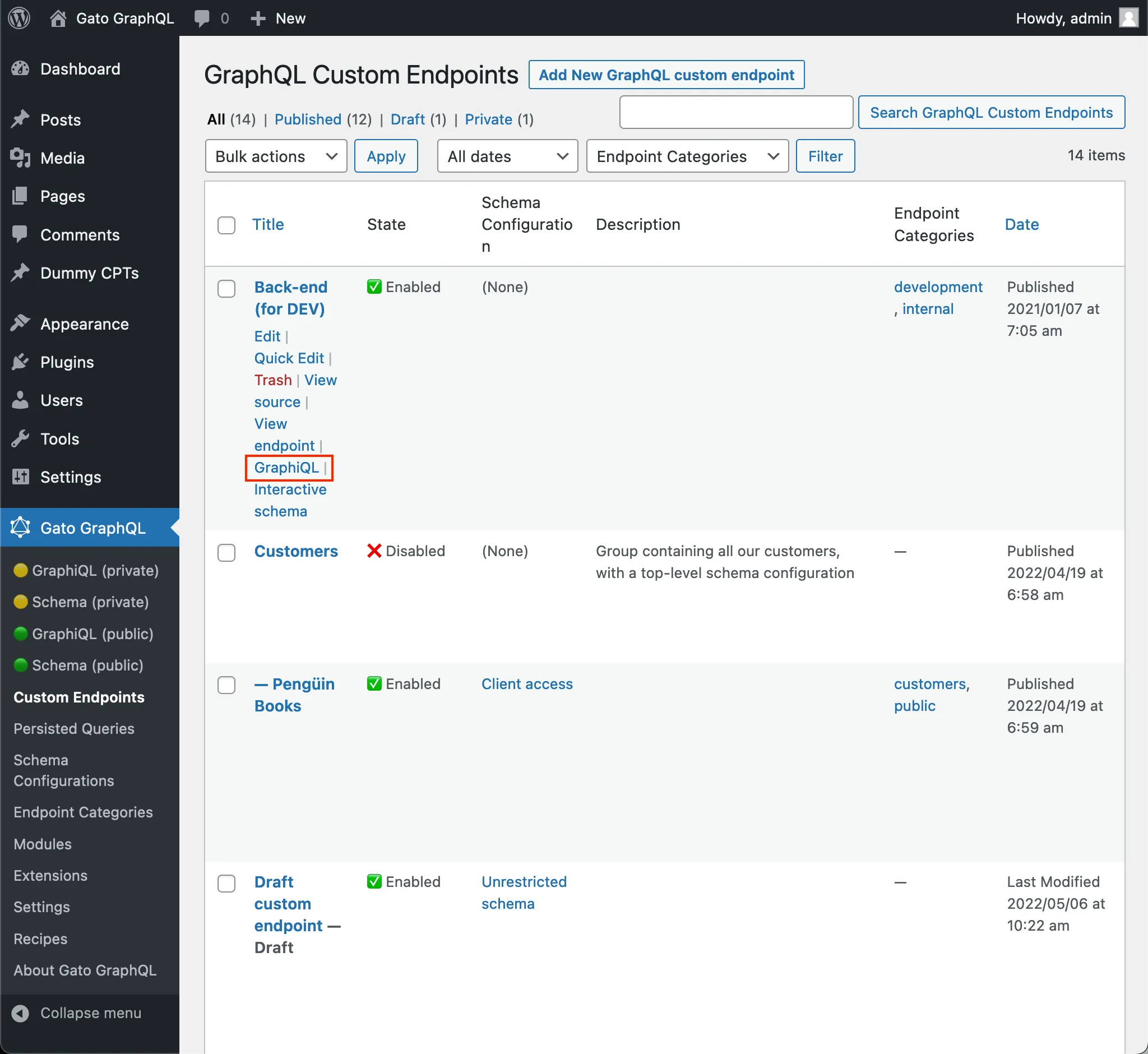 Tautan ke klien GraphiQL endpoint kustom di daftar