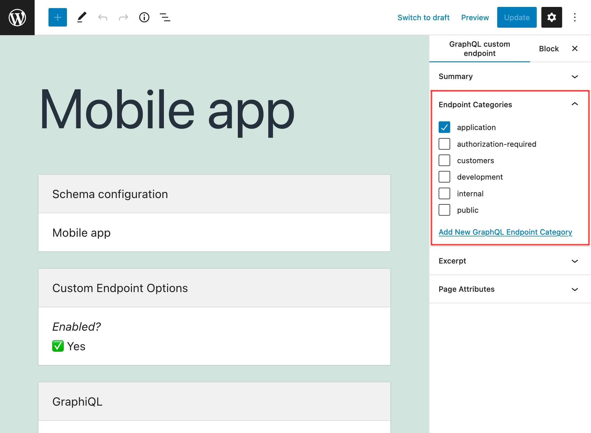 Kategori endpoint saat mengedit Custom Endpoint