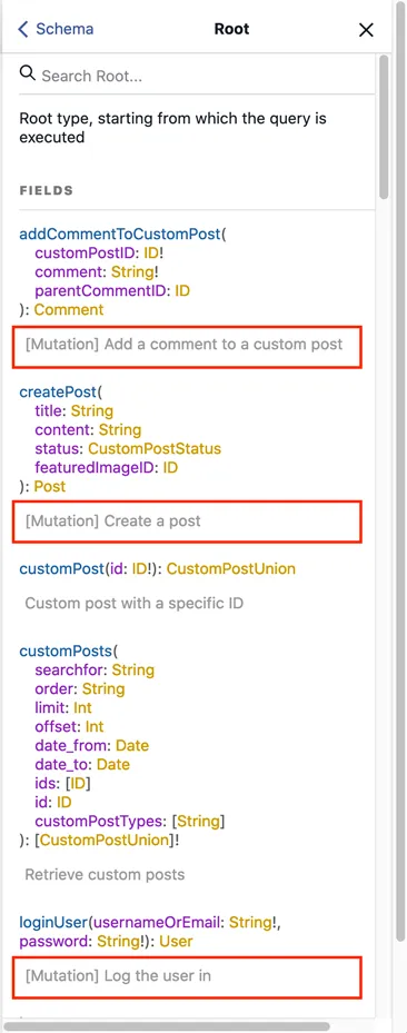 Deskripsi untuk tipe Root dalam dokumentasi GraphiQL Deskripsi untuk tipe Root dalam dokumentasi GraphiQL