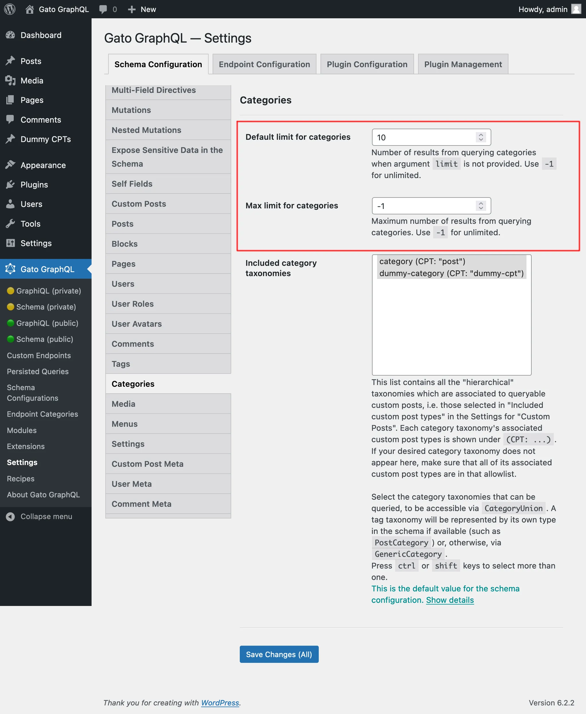 Settings untuk batas Kategori