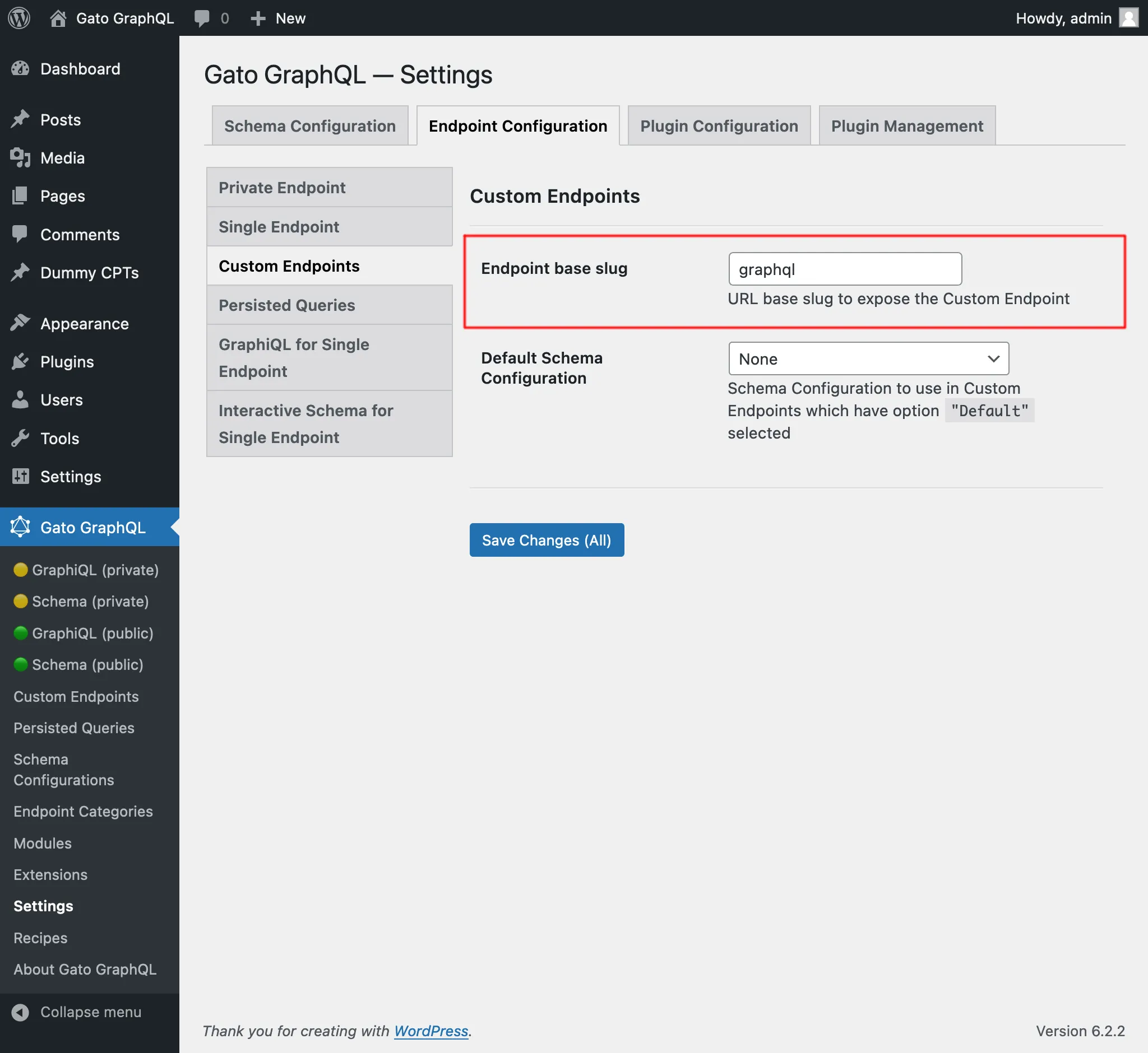 Custom endpoints di Pengaturan