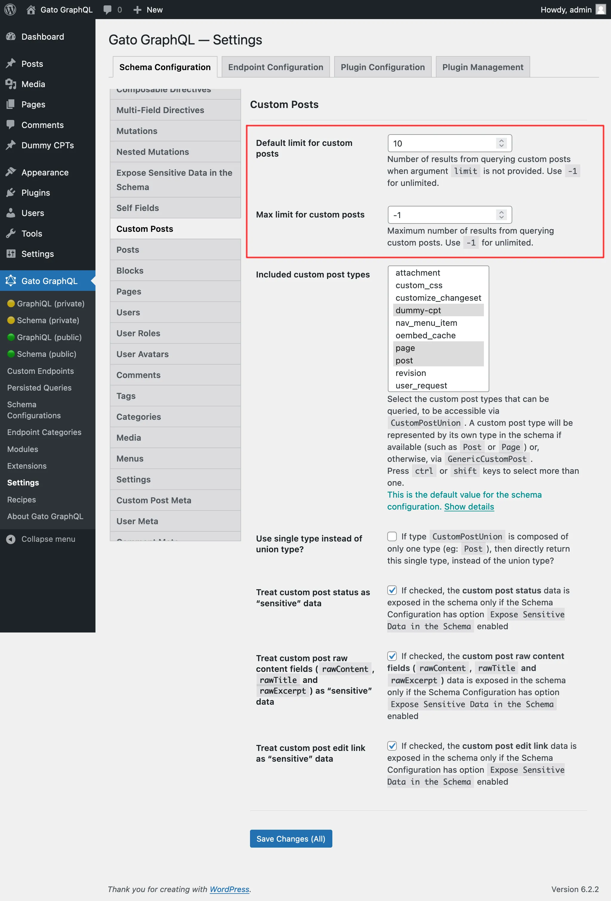Pengaturan untuk batas Custom Post