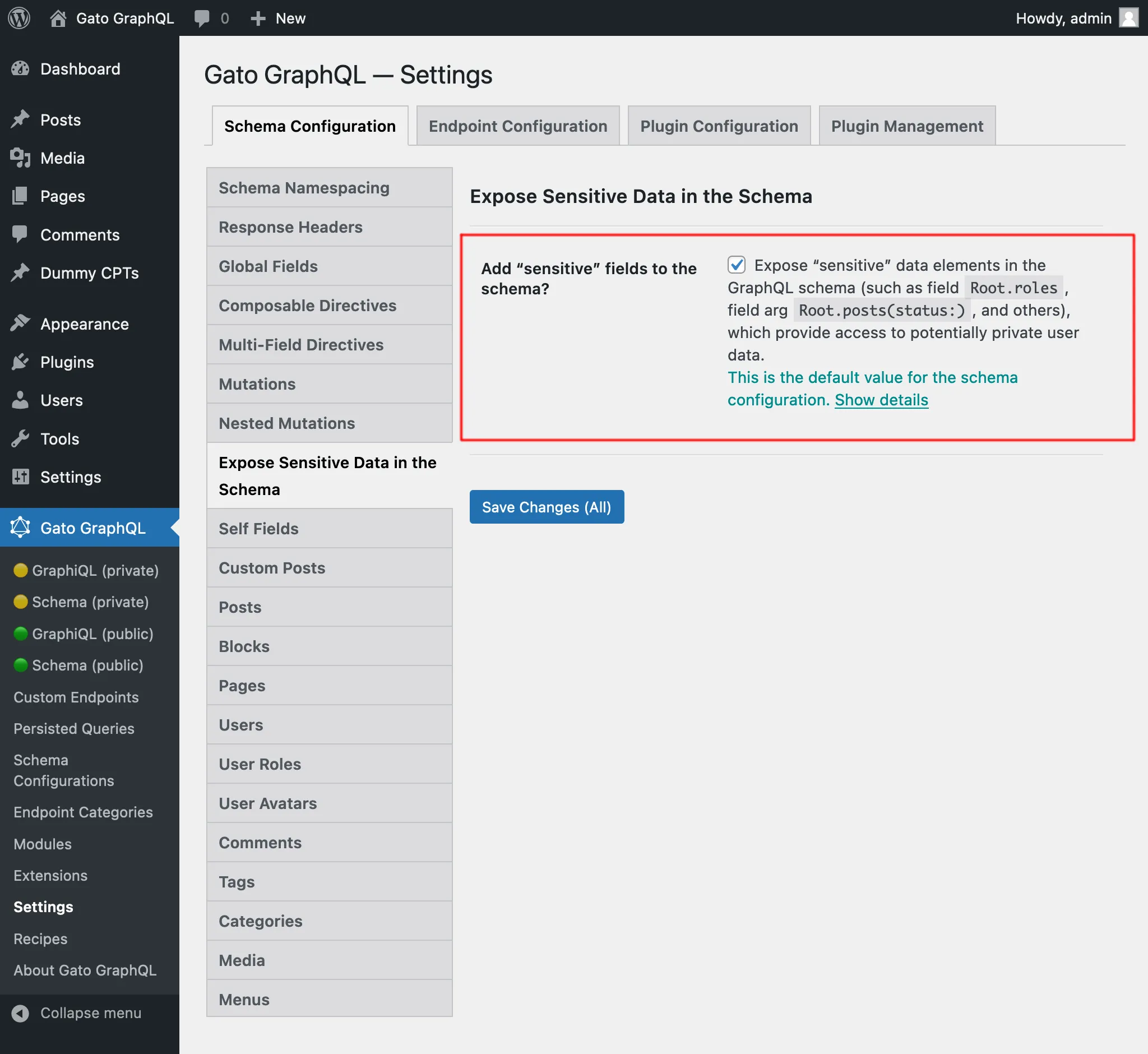 Mengatur elemen data “sensitif” untuk konfigurasi skema, di Settings