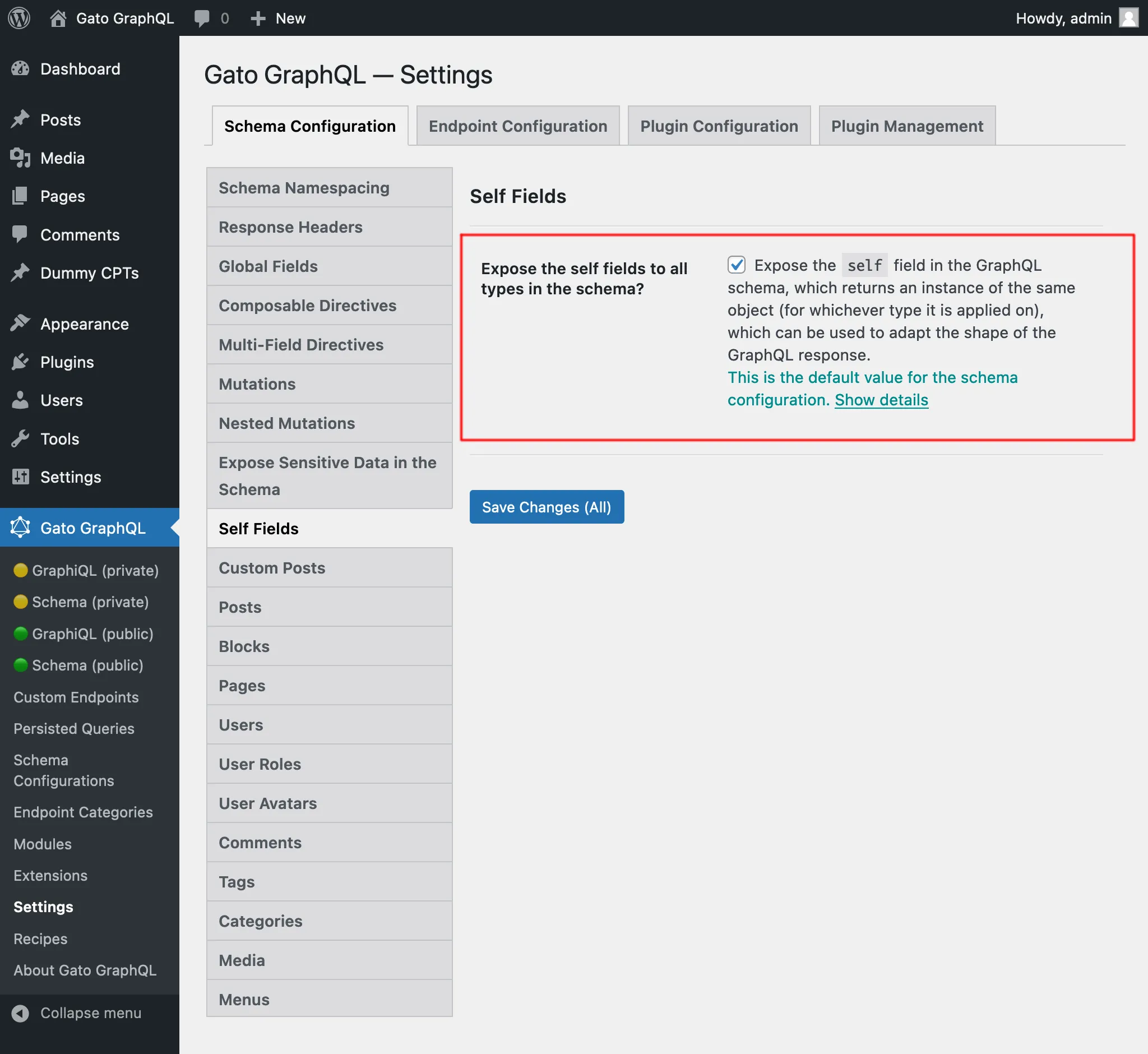 Mengatur field self untuk konfigurasi skema, dalam Settings