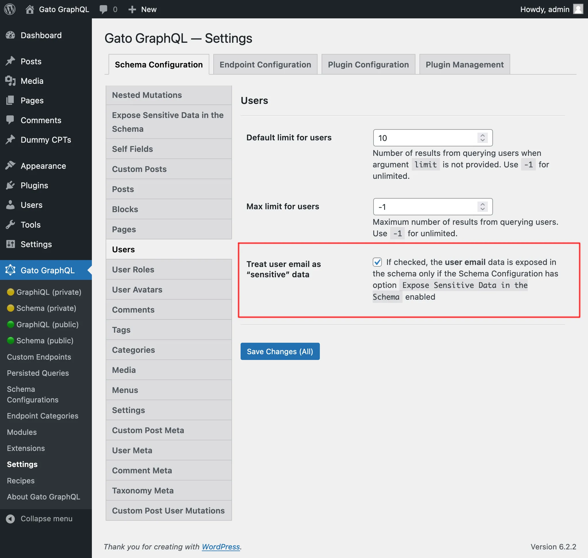Pengaturan untuk memperlakukan email pengguna sebagai data “sensitif”