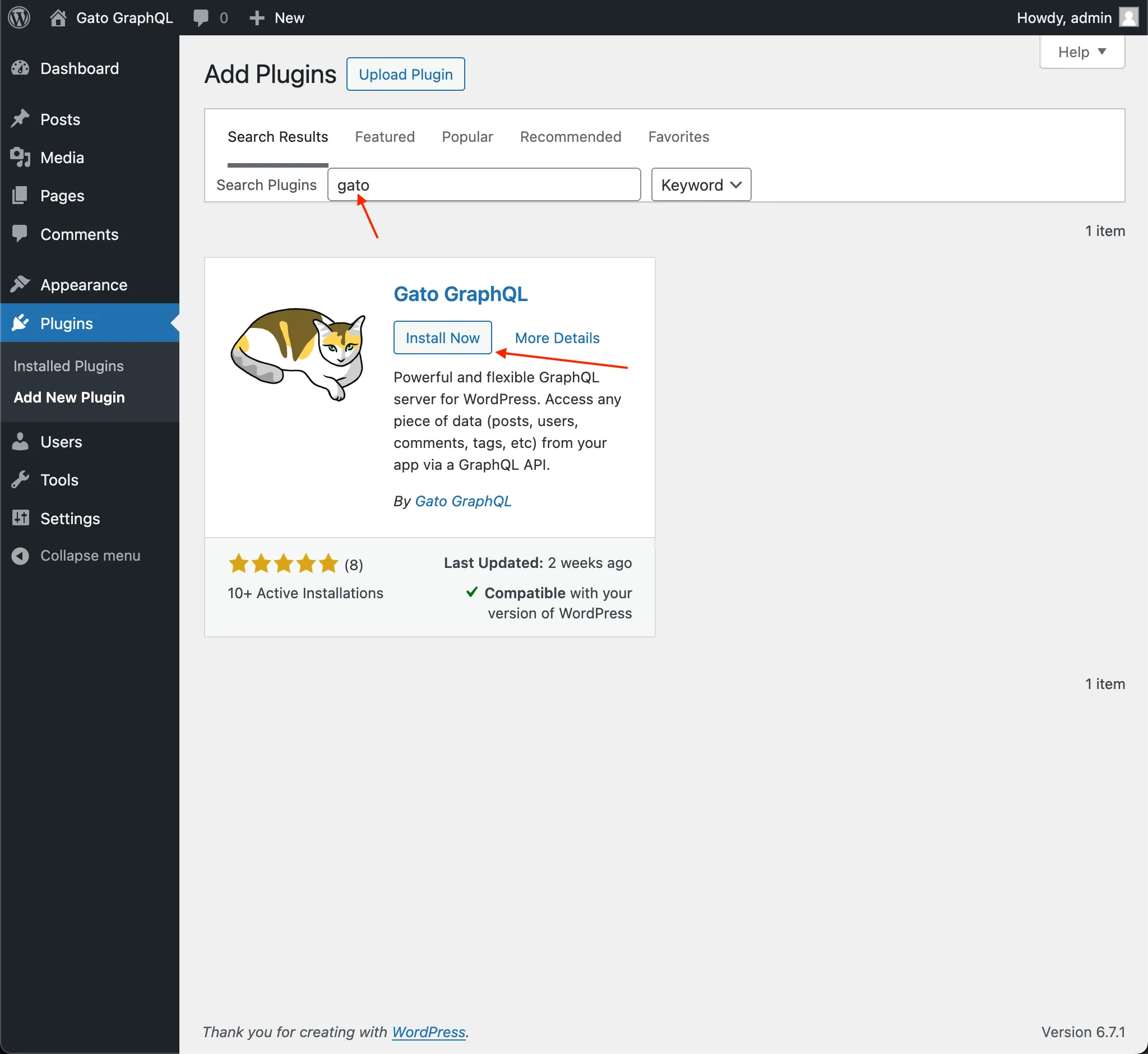 Instal Gato GraphQL di WordPress