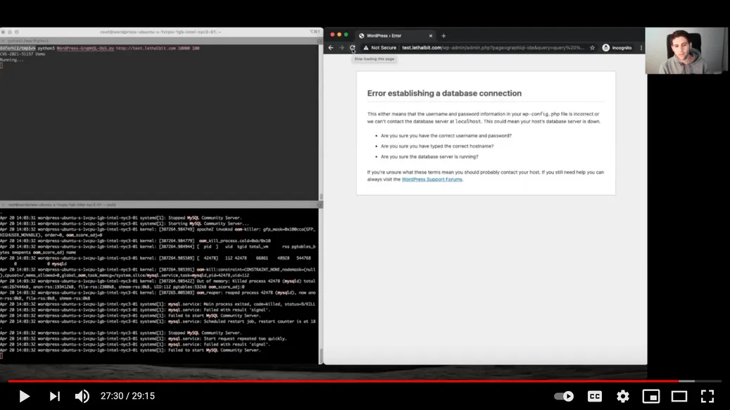 Menyerang endpoint GraphQL untuk menjatuhkan situs WordPress. Tangkapan layar dari ceramah Dolev Farhi Menyerang endpoint GraphQL untuk menjatuhkan situs WordPress. Tangkapan layar dari ceramah Dolev Farhi