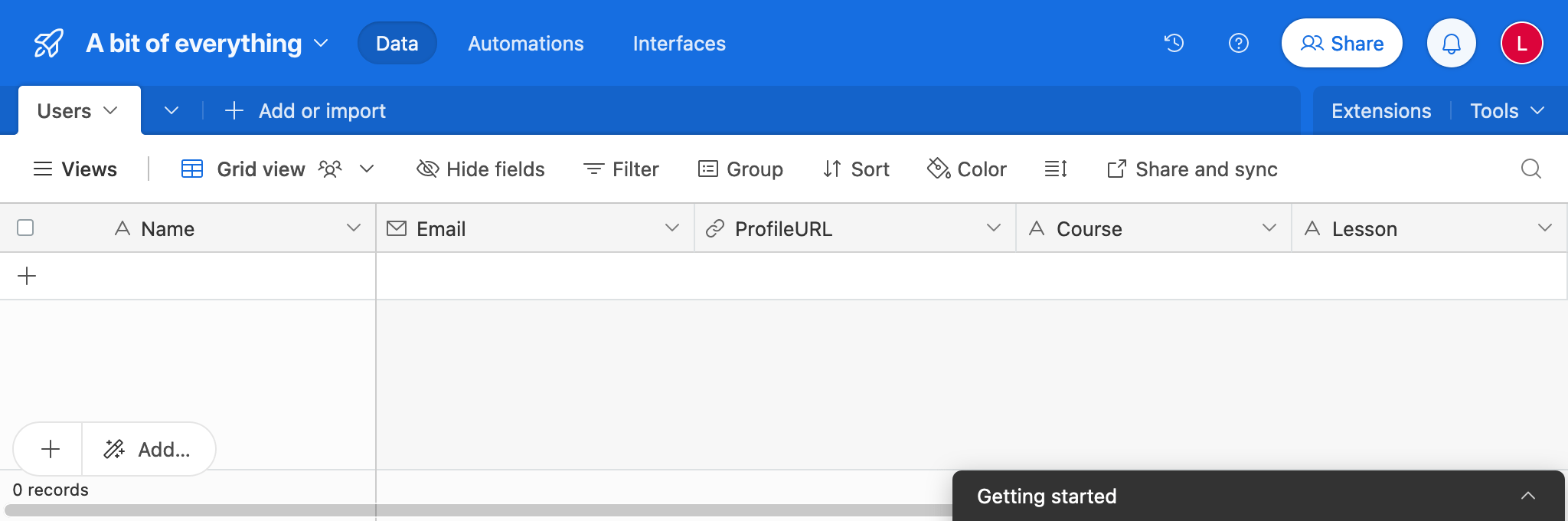 Tabel di AirTable dengan data LMS