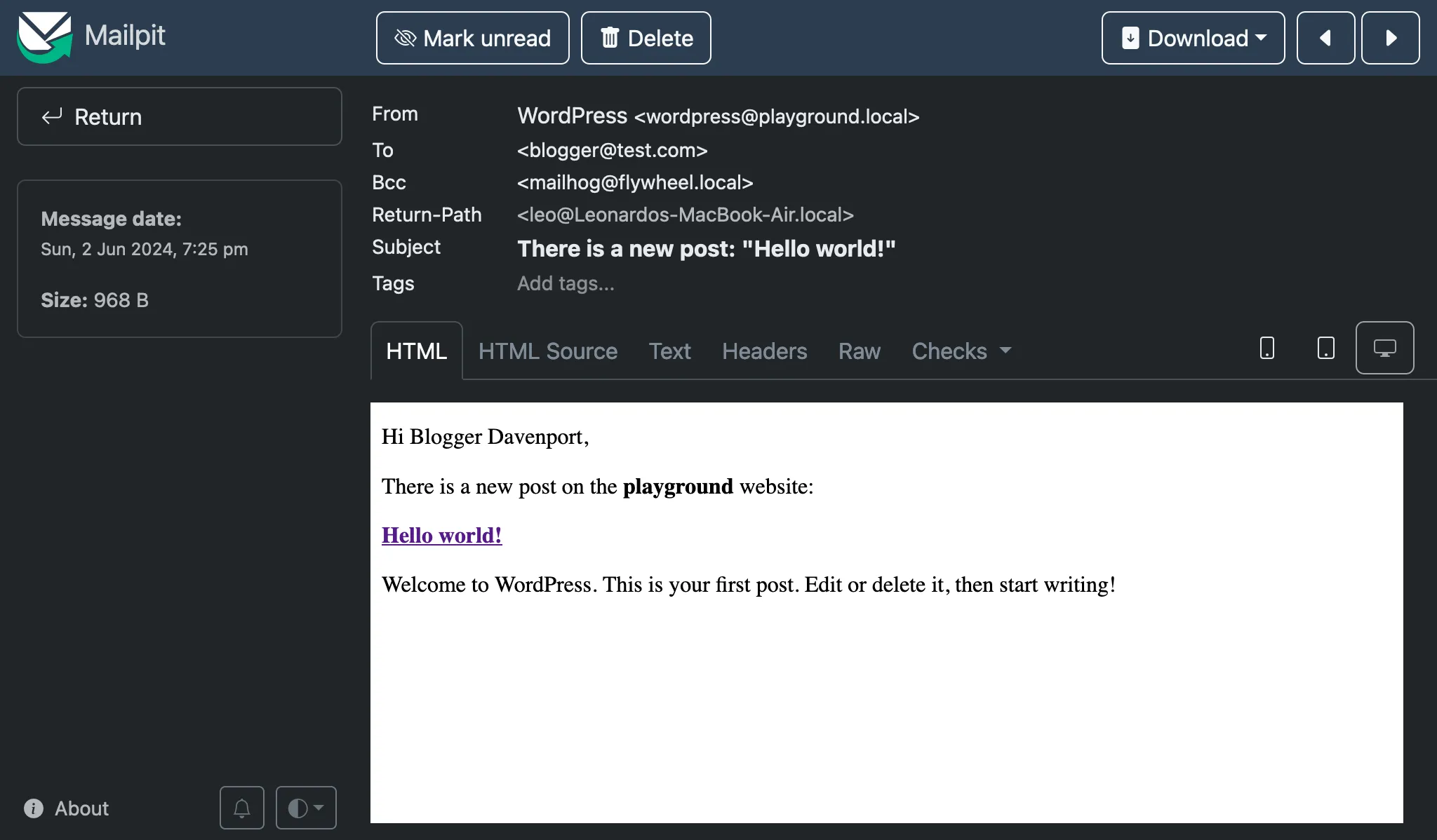 Email notifikasi tentang postingan baru yang dikirim ke pengguna